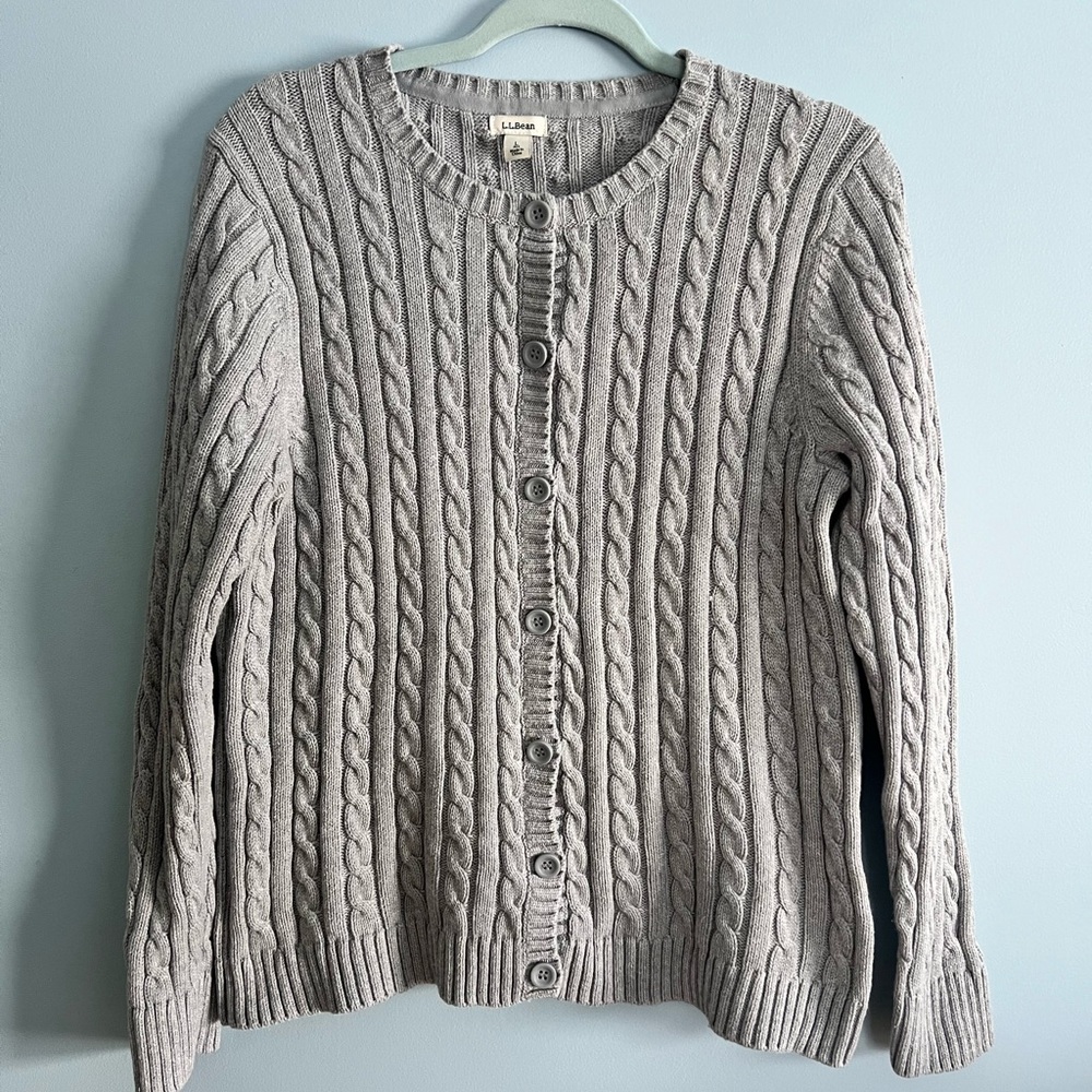 L.L. Bean Women's 100% Cotton Light Gray Cable Cardigan button up sweater